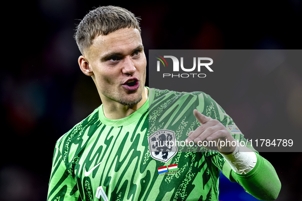 Netherlands goalkeeper Bart Verbruggen participates in the match between the Netherlands and Hungary at the Johan Cruijff ArenA for the UEFA...