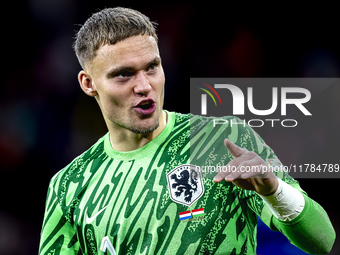 Netherlands goalkeeper Bart Verbruggen participates in the match between the Netherlands and Hungary at the Johan Cruijff ArenA for the UEFA...