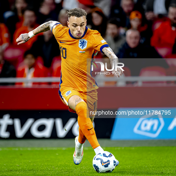 Netherlands forward Noa Lang participates in the match between the Netherlands and Hungary at the Johan Cruijff ArenA for the UEFA Nations L...