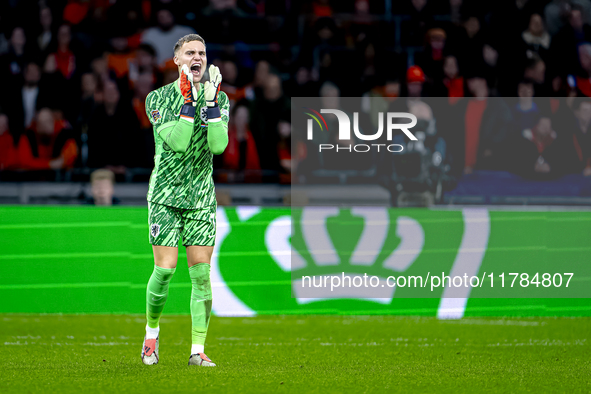 Netherlands goalkeeper Bart Verbruggen participates in the match between the Netherlands and Hungary at the Johan Cruijff ArenA for the UEFA...