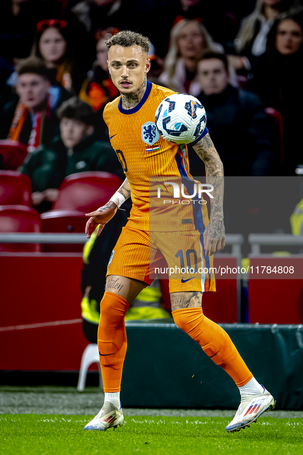 Netherlands forward Noa Lang participates in the match between the Netherlands and Hungary at the Johan Cruijff ArenA for the UEFA Nations L...