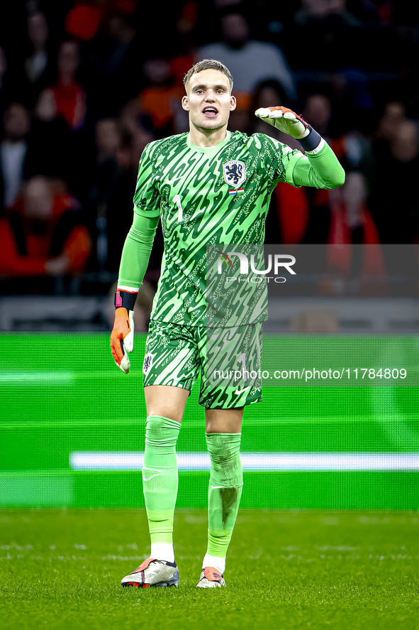 Netherlands goalkeeper Bart Verbruggen participates in the match between the Netherlands and Hungary at the Johan Cruijff ArenA for the UEFA...