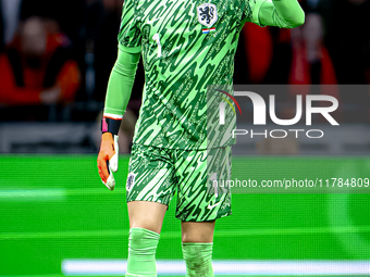 Netherlands goalkeeper Bart Verbruggen participates in the match between the Netherlands and Hungary at the Johan Cruijff ArenA for the UEFA...