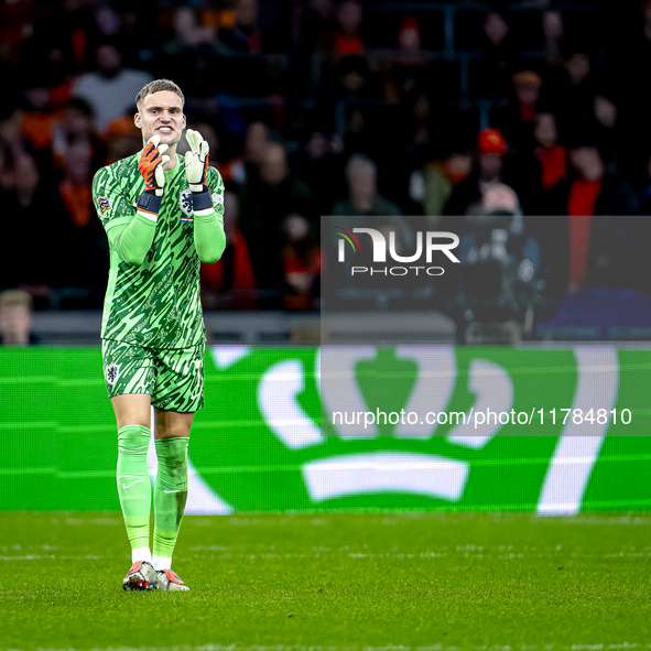 Netherlands goalkeeper Bart Verbruggen participates in the match between the Netherlands and Hungary at the Johan Cruijff ArenA for the UEFA...