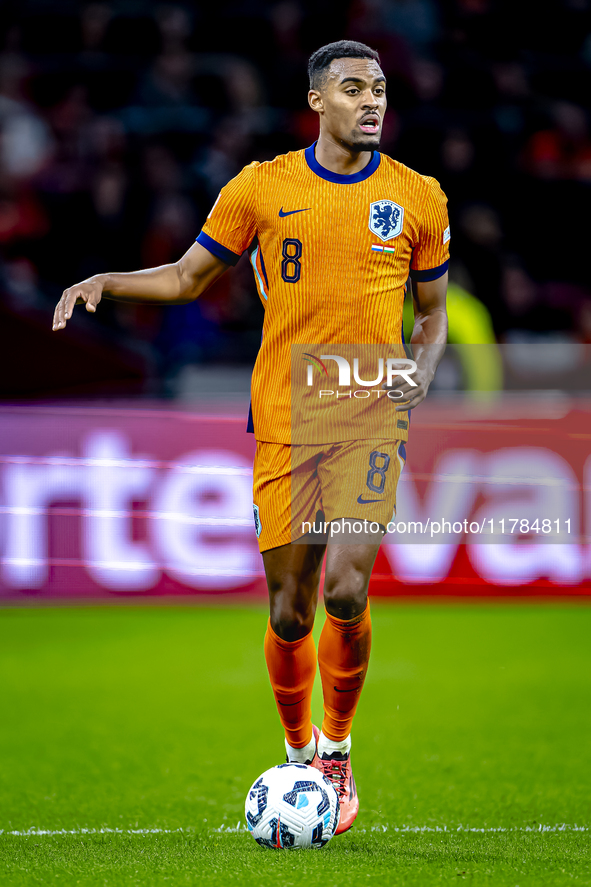 Netherlands midfielder Ryan Gravenberch participates in the match between the Netherlands and Hungary at the Johan Cruijff ArenA for the UEF...