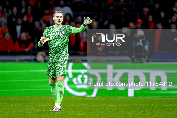 Netherlands goalkeeper Bart Verbruggen participates in the match between the Netherlands and Hungary at the Johan Cruijff ArenA for the UEFA...