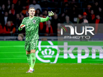 Netherlands goalkeeper Bart Verbruggen participates in the match between the Netherlands and Hungary at the Johan Cruijff ArenA for the UEFA...