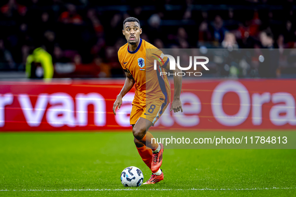 Netherlands midfielder Ryan Gravenberch participates in the match between the Netherlands and Hungary at the Johan Cruijff ArenA for the UEF...