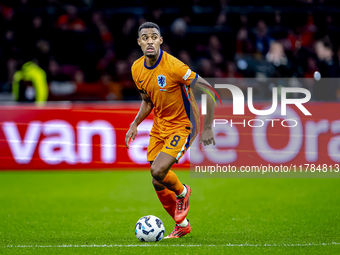 Netherlands midfielder Ryan Gravenberch participates in the match between the Netherlands and Hungary at the Johan Cruijff ArenA for the UEF...