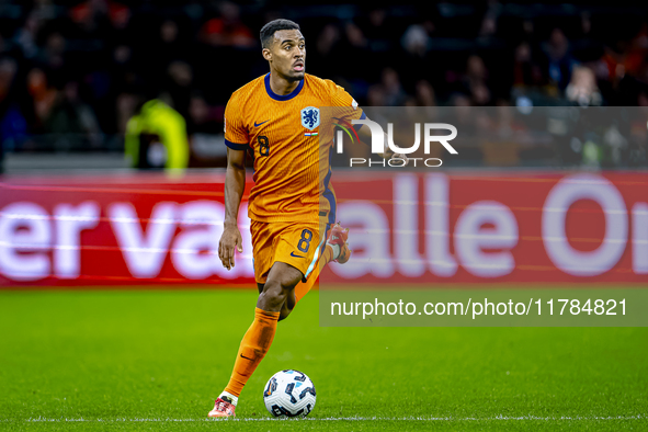 Netherlands midfielder Ryan Gravenberch participates in the match between the Netherlands and Hungary at the Johan Cruijff ArenA for the UEF...