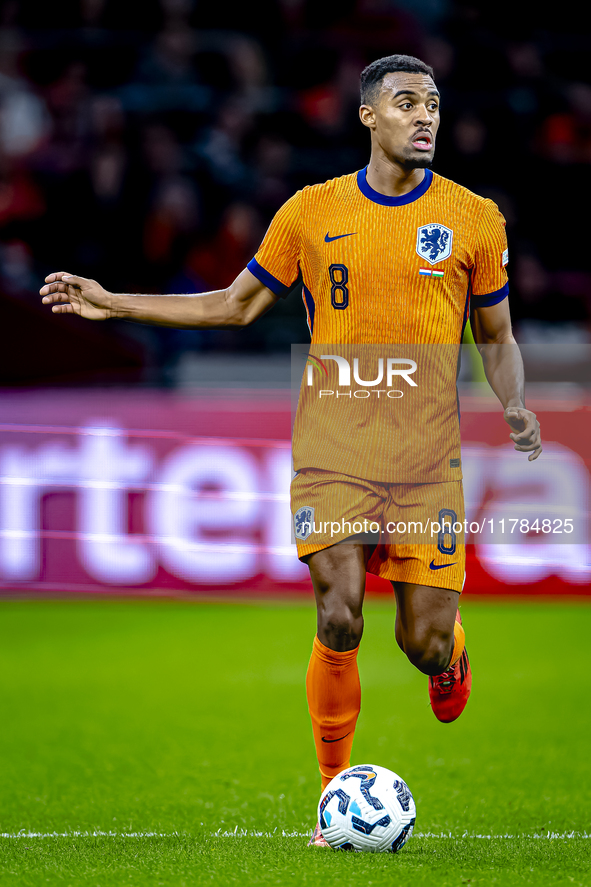 Netherlands midfielder Ryan Gravenberch participates in the match between the Netherlands and Hungary at the Johan Cruijff ArenA for the UEF...