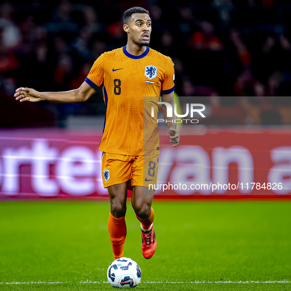 Netherlands midfielder Ryan Gravenberch participates in the match between the Netherlands and Hungary at the Johan Cruijff ArenA for the UEF...