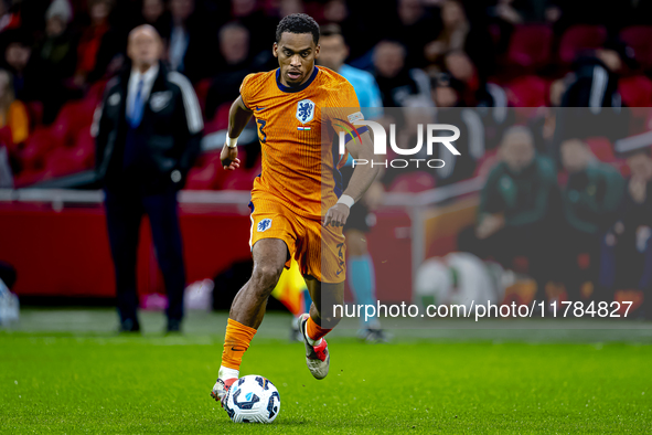 Netherlands defender Jurrien Timber participates in the match between the Netherlands and Hungary at the Johan Cruijff ArenA for the UEFA Na...