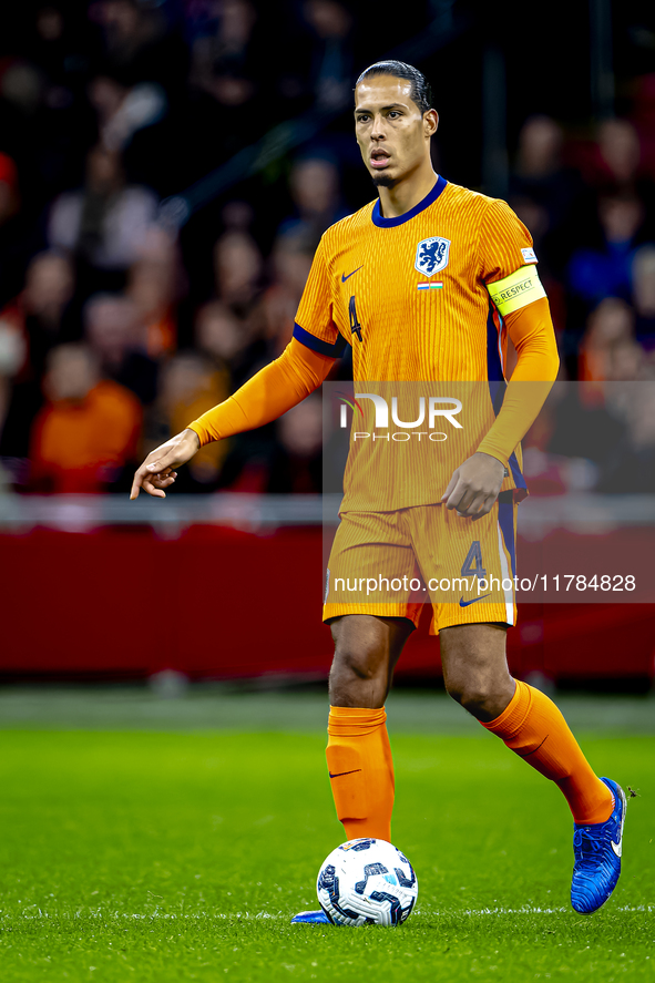 Netherlands defender Virgil van Dijk plays during the match between the Netherlands and Hungary at the Johan Cruijff ArenA for the UEFA Nati...