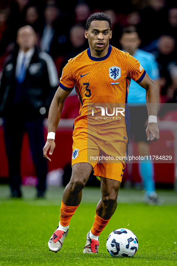 Netherlands defender Jurrien Timber participates in the match between the Netherlands and Hungary at the Johan Cruijff ArenA for the UEFA Na...