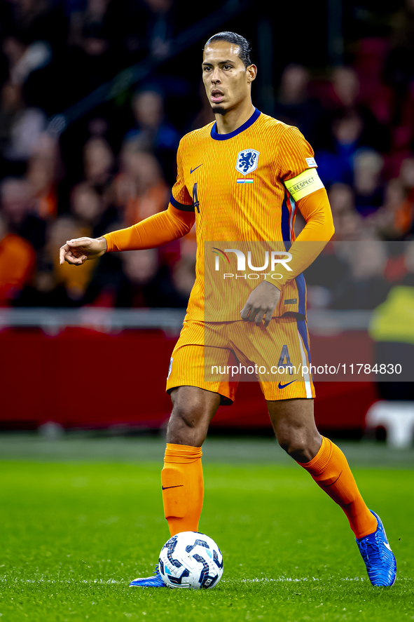 Netherlands defender Virgil van Dijk plays during the match between the Netherlands and Hungary at the Johan Cruijff ArenA for the UEFA Nati...