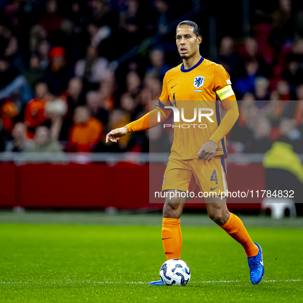 Netherlands defender Virgil van Dijk plays during the match between the Netherlands and Hungary at the Johan Cruijff ArenA for the UEFA Nati...