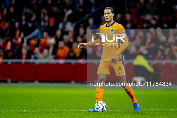 Netherlands defender Virgil van Dijk plays during the match between the Netherlands and Hungary at the Johan Cruijff ArenA for the UEFA Nati...