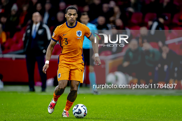 Netherlands defender Jurrien Timber participates in the match between the Netherlands and Hungary at the Johan Cruijff ArenA for the UEFA Na...