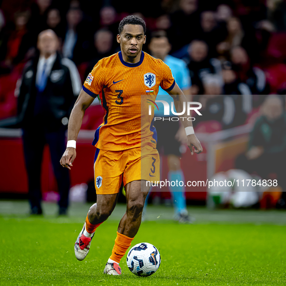 Netherlands defender Jurrien Timber participates in the match between the Netherlands and Hungary at the Johan Cruijff ArenA for the UEFA Na...