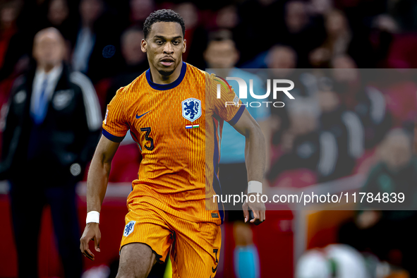 Netherlands defender Jurrien Timber participates in the match between the Netherlands and Hungary at the Johan Cruijff ArenA for the UEFA Na...