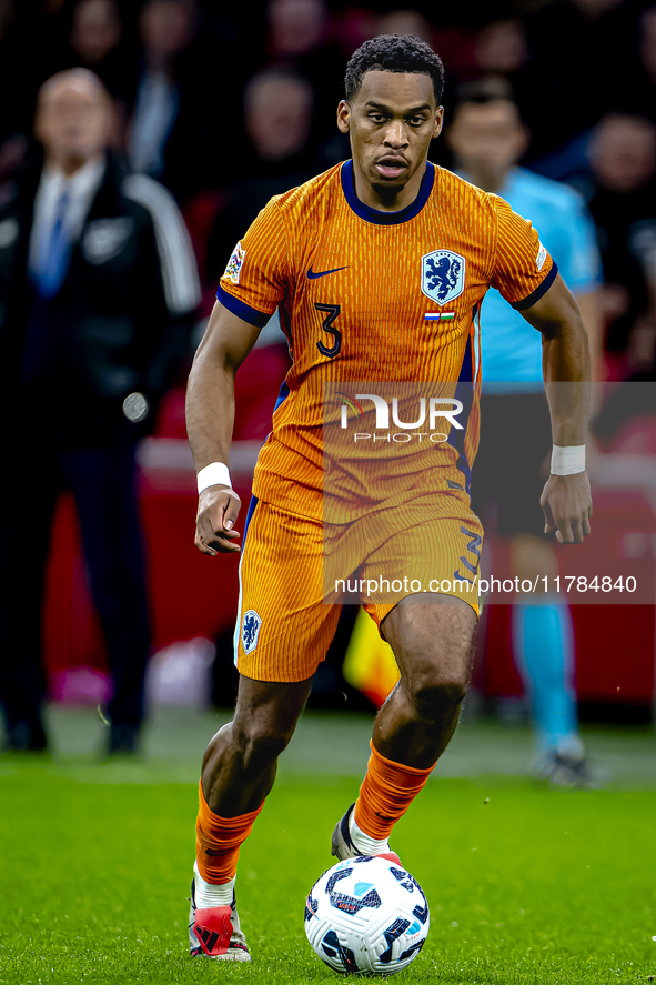 Netherlands defender Jurrien Timber participates in the match between the Netherlands and Hungary at the Johan Cruijff ArenA for the UEFA Na...