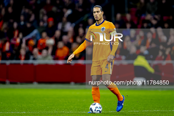 Netherlands defender Virgil van Dijk participates in the match between the Netherlands and Hungary at the Johan Cruijff ArenA for the UEFA N...