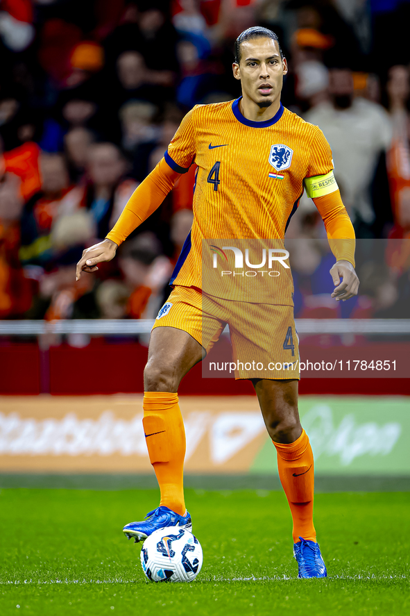 Netherlands defender Virgil van Dijk participates in the match between the Netherlands and Hungary at the Johan Cruijff ArenA for the UEFA N...