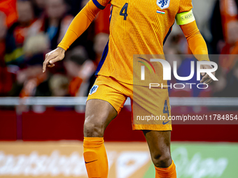 Netherlands defender Virgil van Dijk participates in the match between the Netherlands and Hungary at the Johan Cruijff ArenA for the UEFA N...