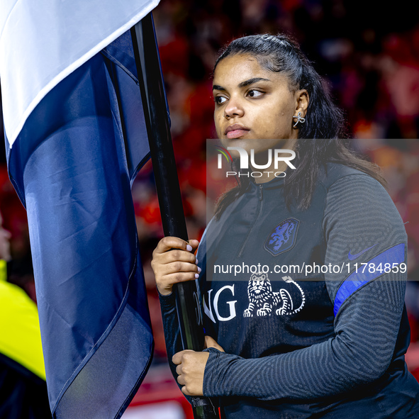 A girl with a Dutch flag attends the match between the Netherlands and Hungary at the Johan Cruijff ArenA for the UEFA Nations League - Leag...