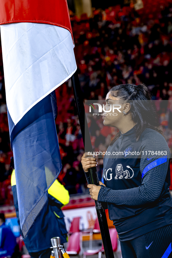 A girl with a Dutch flag attends the match between the Netherlands and Hungary at the Johan Cruijff ArenA for the UEFA Nations League - Leag...