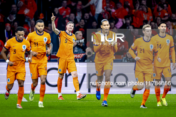 Netherlands forward Wout Weghorst celebrates the goal during the match between the Netherlands and Hungary at the Johan Cruijff ArenA for th...