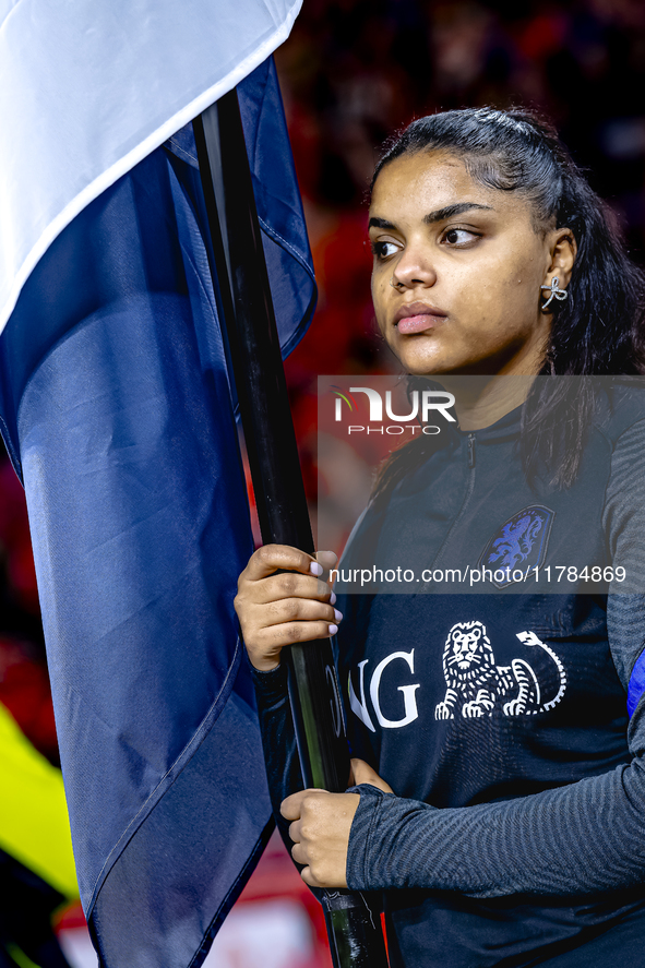 A girl with a Dutch flag attends the match between the Netherlands and Hungary at the Johan Cruijff ArenA for the UEFA Nations League - Leag...