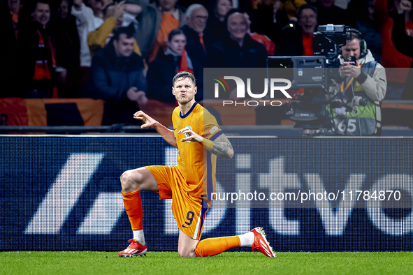 Netherlands forward Wout Weghorst celebrates the goal during the match between the Netherlands and Hungary at the Johan Cruijff ArenA for th...