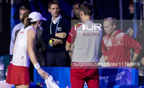 Iga Swiatek , Daria Abramowicz , Dawid Celt  during Billie Jean King Cup Finals match Poland vs Czechia in Malaga Spain on 16 November 2024....