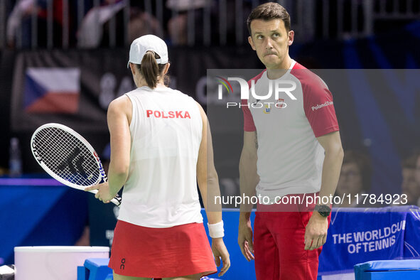 Iga Swiatek , Dawid Celt  during Billie Jean King Cup Finals match Poland vs Czechia in Malaga Spain on 16 November 2024. 