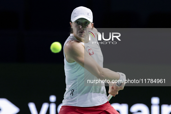 Iga Swiatek of Poland competes during the Billie Jean King Cup match between Poland and Czechia at Palacio de los Deportes Martin Carpena in...