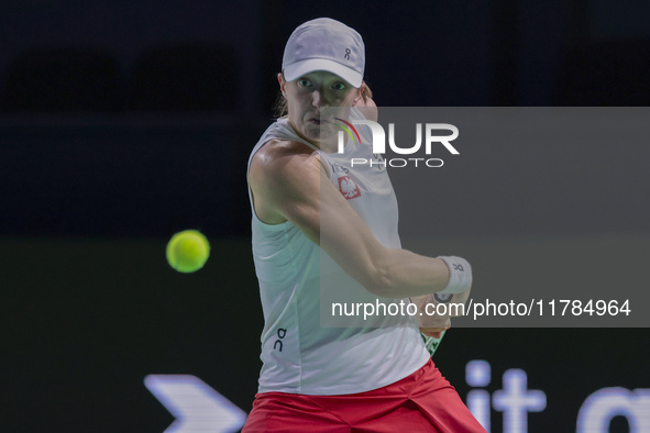 Iga Swiatek of Poland competes during the Billie Jean King Cup match between Poland and Czechia at Palacio de los Deportes Martin Carpena in...