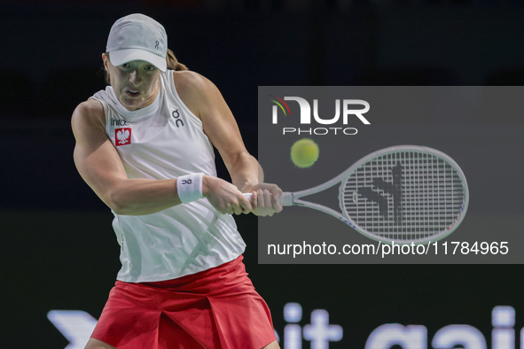 Iga Swiatek of Poland competes during the Billie Jean King Cup match between Poland and Czechia at Palacio de los Deportes Martin Carpena in...