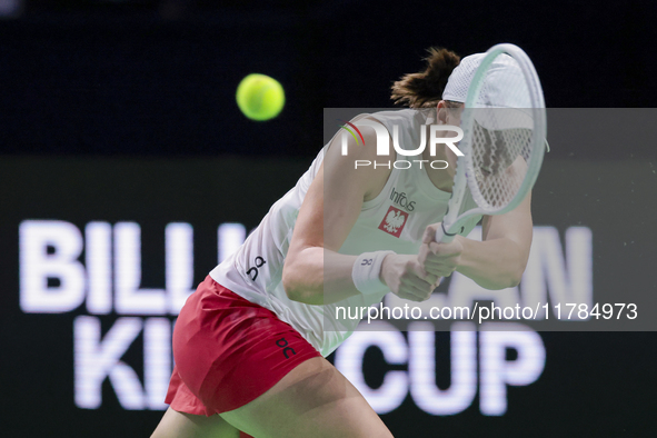 Iga Swiatek of Poland competes during the Billie Jean King Cup match between Poland and Czechia at Palacio de los Deportes Martin Carpena in...