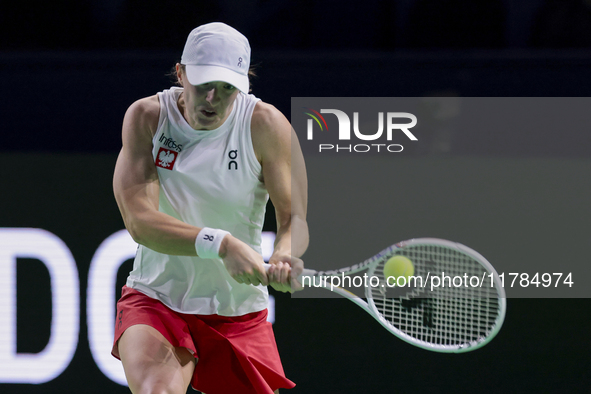 Iga Swiatek of Poland competes during the Billie Jean King Cup match between Poland and Czechia at Palacio de los Deportes Martin Carpena in...