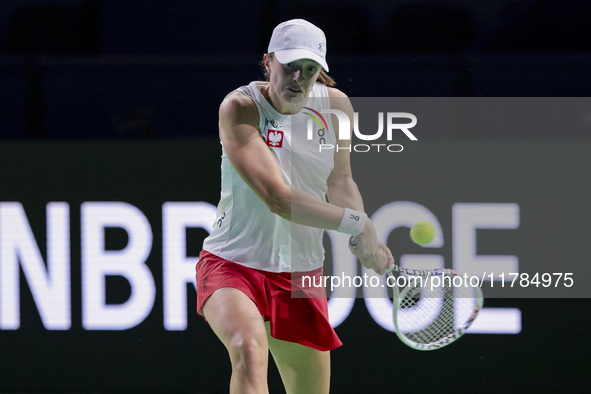 Iga Swiatek of Poland competes during the Billie Jean King Cup match between Poland and Czechia at Palacio de los Deportes Martin Carpena in...