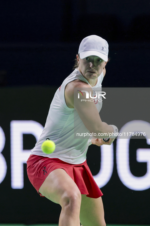 Iga Swiatek of Poland competes during the Billie Jean King Cup match between Poland and Czechia at Palacio de los Deportes Martin Carpena in...