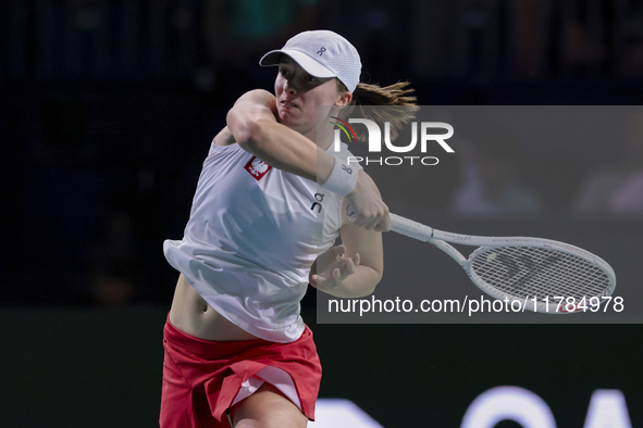 Iga Swiatek of Poland competes during the Billie Jean King Cup match between Poland and Czechia at Palacio de los Deportes Martin Carpena in...