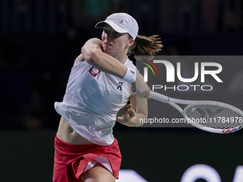 Iga Swiatek of Poland competes during the Billie Jean King Cup match between Poland and Czechia at Palacio de los Deportes Martin Carpena in...