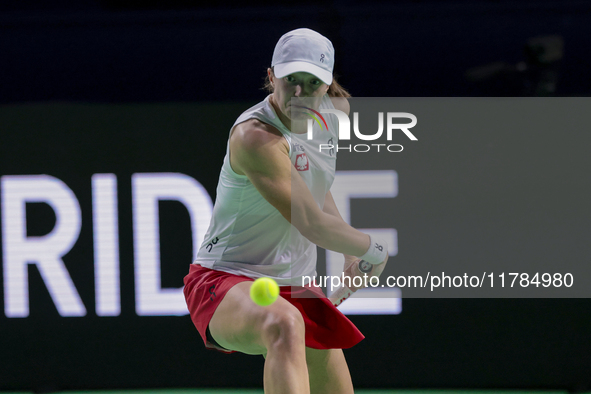 Iga Swiatek of Poland competes during the Billie Jean King Cup match between Poland and Czechia at Palacio de los Deportes Martin Carpena in...