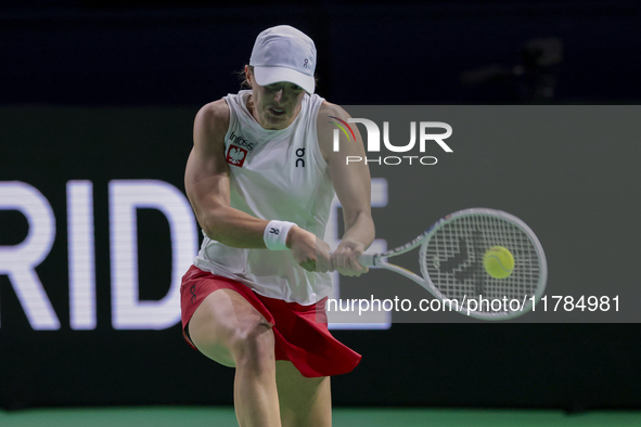 Iga Swiatek of Poland competes during the Billie Jean King Cup match between Poland and Czechia at Palacio de los Deportes Martin Carpena in...