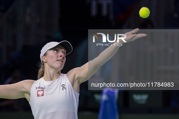 Iga Swiatek of Poland competes during the Billie Jean King Cup match between Poland and Czechia at Palacio de los Deportes Martin Carpena in...