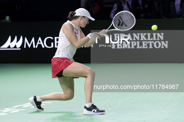 Iga Swiatek of Poland competes during the Billie Jean King Cup match between Poland and Czechia at Palacio de los Deportes Martin Carpena in...