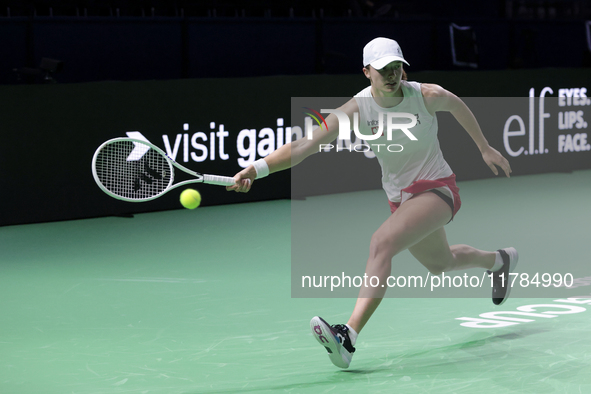 Iga Swiatek of Poland competes during the Billie Jean King Cup match between Poland and Czechia at Palacio de los Deportes Martin Carpena in...